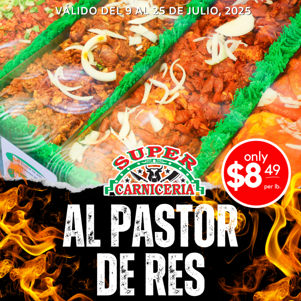 Al Pastor de res on sale at Super Carniceria presented in a glass case next to other meats