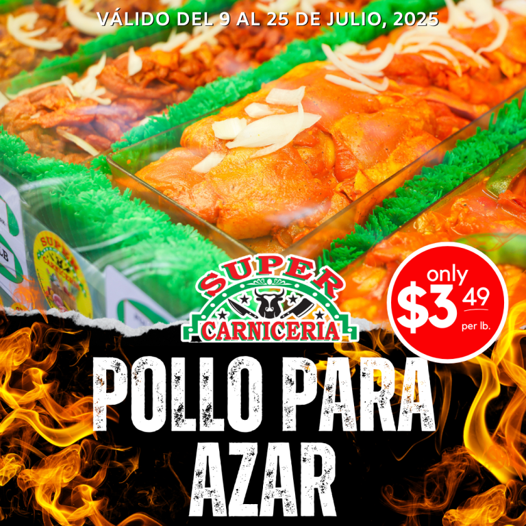 Pollo Para Azar on Sale at Super Carniceria presented in a glass case